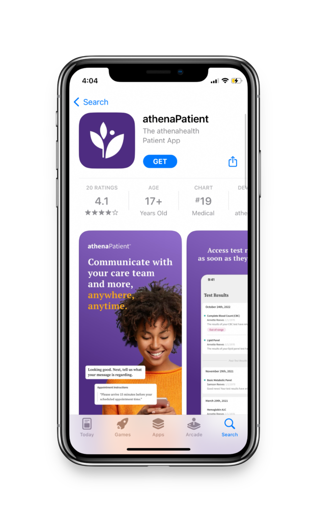 image of the athenaPatient app as seen in an app store which includes new patient forms