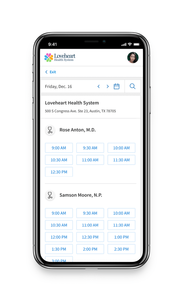 image of what scheduling appointments looks like in the app, including new patient forms